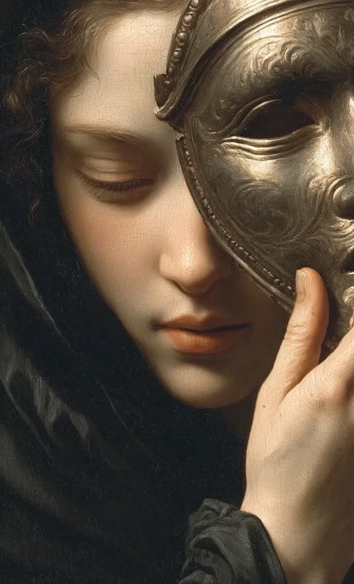 Visage de jeune femme à demi caché derrière un masque doré